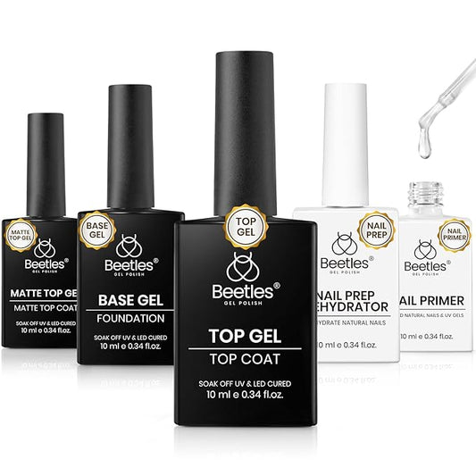 Beetles Gel Top Coat and Base Coat Set with Nail Dehydrator and Primer, 5 Pcs 10ml Glossy & Matte Top Coat Gel Nail Polish Nail Prep Acid-Free and Hema-Free Dehydrate Bond Primer Set for Acrylic