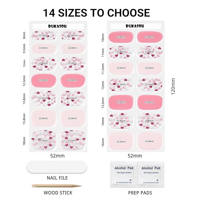 Semi Cured Gel Nail Strips, Love Heart | 28 pcs Gel Nail Strips Work with Any UV Lamp, Salon Quality UV Nails Stickers, Easy to Apply for Home Nails DIY