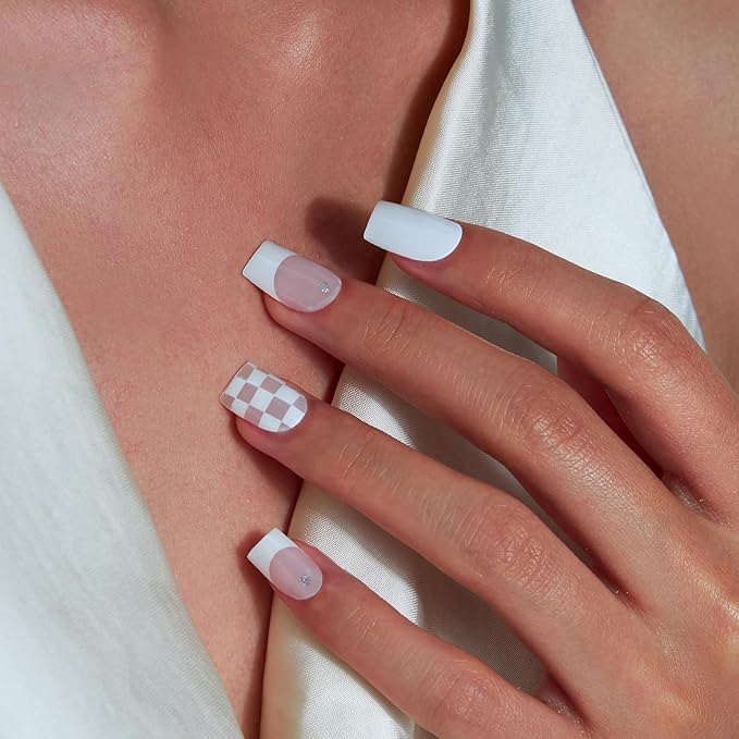 Semi Cured Gel Nail Strips, 20 PCS Gel Nail Stickers - UV Light Wraps, Salon Quality & Easy to Use - French Chess