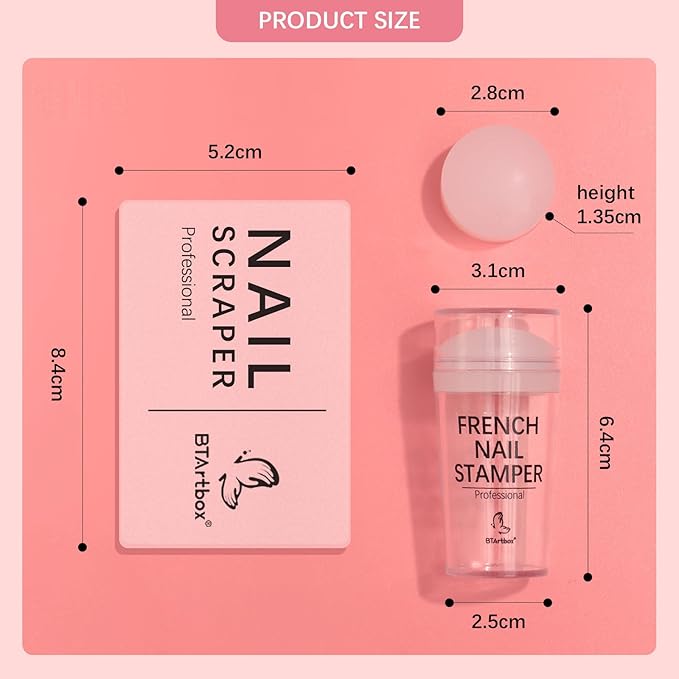 BTArtbox French Nail Stamper - French Tip Nail Tools with Nail Scraper and Replaceable Stamper Head, 100-Time Using Silicone Nail Stamper Kit for Gel Nail Polish DIY Nail Art Tools