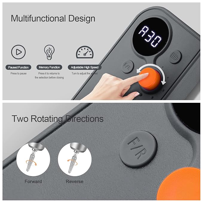 Professional Portable Nail Drill, 30000RPM Rechargeable Electric Nail File Machine for Acrylic Nails Gel Polishing Removing,Cordless E File Nail Drill Machine with Bits for Manicure Salon Home, Gray