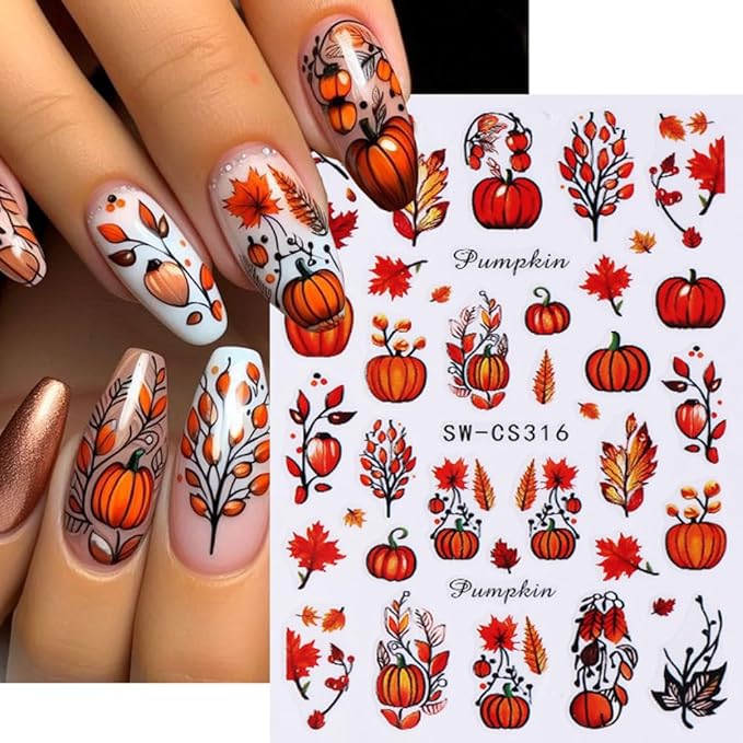 Fall Nail Stickers Thanksgiving Pumpkin Maple Leaf Nail Art Stickers Autumn Glitter Nail Decals Self Adhesive Design Sticker 3D Nail Art Supplies Nails Decoration for Women Manicure Accessories 4Pcs