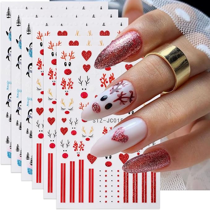 3D Christmas Nail Stickers for Nail Art, Elk Winter Penguin Nail Decals Nail Art Supplies 6PCS Red Elk Penguins Tree Xmas Nails Design Adhesive Sticker for Women Holiday DIY Manicure Nail Decorations