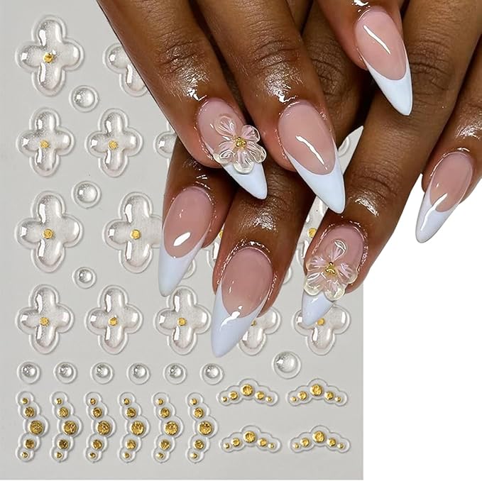 4 Sheets Flower Nail Art Stickers 5D Embossed Colorful Spring Summer Nail Sticker Self Adhesive Five-Petaled Floral with Gold Beads Glitter Design Floral Nail Decals for Women and Girls DIY Nails