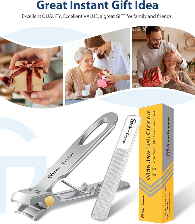Anti-Splash Wide Jaw Opening Nail Clippers - GlamTweeler Ultra Sharp Extra Large Wide Opening Fingernail and Toenail Clipper with Glass Nail File (Silver_Curved)