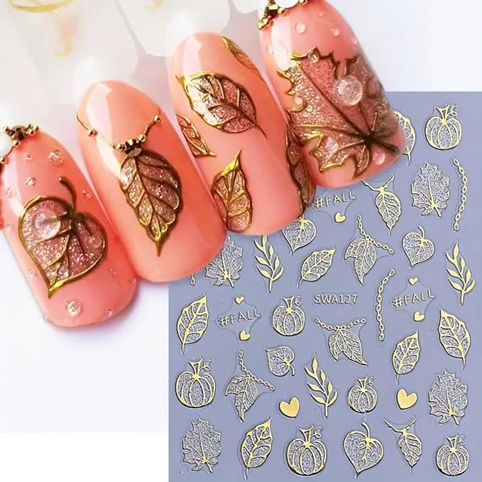 6Pcs Fall Nail Art Stickers Autumn Maple Leaf Nail Decals 3D Self-Adhesive Fallen Leaves Nail Stickers Cute Pumpkin Chain Nails Supplies Thanksgiving Manicure Sliders for Women Nails Art Decorations