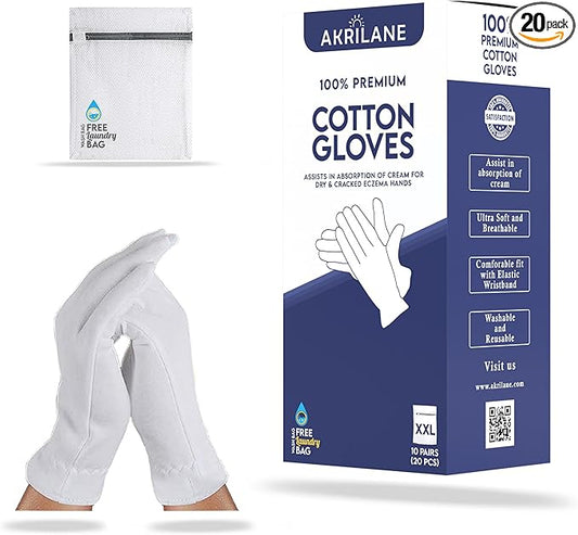 AKRILANE XXL Extra Extra Large 10 Pairs 100% Premium Cotton Gloves for Dry Hands | Moisturizing Overnight Gloves for Eczema, Psoriasis & Skin Spa Treatment for Women & Men | Free Laundry Bag, White