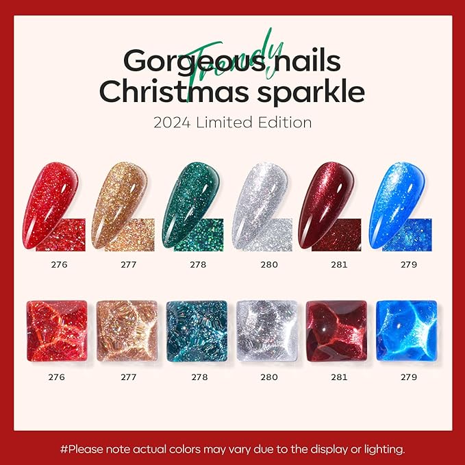 modelones Christmas Nail Polish Set 6 Colors, Red Green Burgundy Gold Silver Blue Glitter Quick Dry Mini Nail Lacquer Kit with Stickers, Winter Nail Art Manicure New Year Gift for Girls Women
