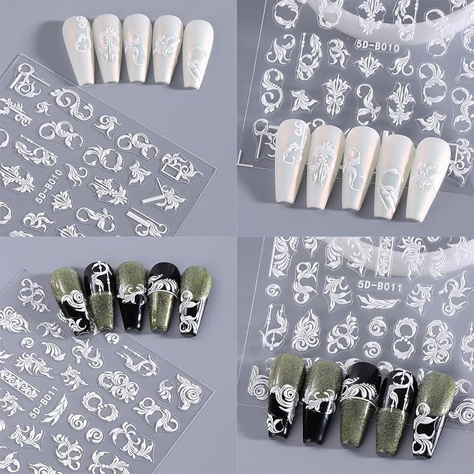 2 Sheets Embossed Flowers Nail Art Stickers Self-Adhesive White Vine Pattern Nail Supplies 5D Flower Nail Stickers for Nail Art Spring Floral Nail Decals for Women Girls DIY Nail Decoration