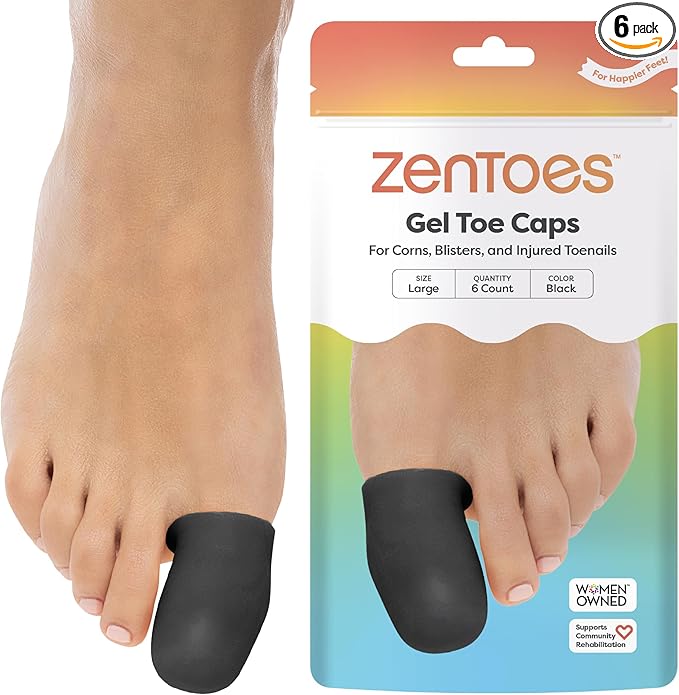 ZenToes 6 Pack Gel Toe Cap and Protector - Cushions and Protects to Provide Relief from Missing or Ingrown Toenails, Corns, Blisters, Hammer Toes (Large, Black)