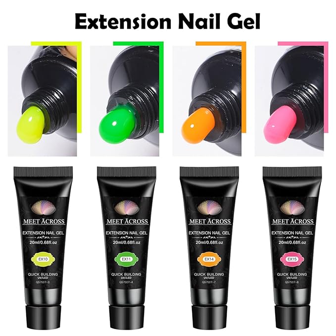 MEET ACROSS Poly Nail Gel 10Pcs Nail Extension Gel Set and Nail Extension Starter Kit for Beginners Nail Art DIY Home Gifts for Women (Neon, 12pcs)
