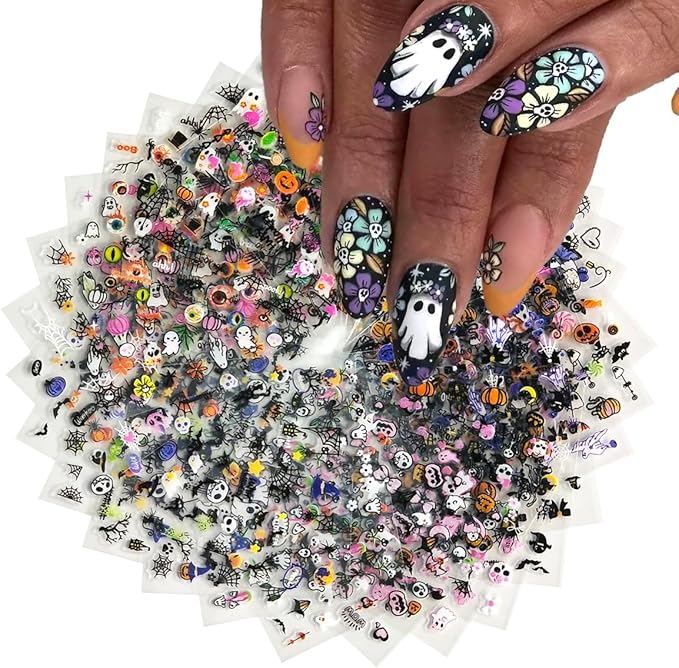 30Sheets Halloween Nail Art Stickers Cute Ghost Pumpkin 3D Self-Adhesive Nail Decals Bat Cat Skull Designs Nail Decorations Halloween DIY Manicure Supplies for Women