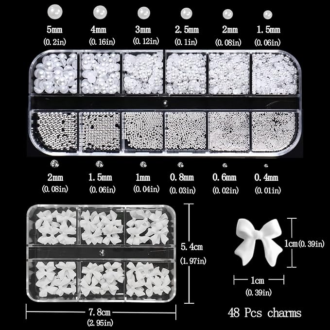 Nail Art Charms White Bow Nail Rhinestones with Glue Gel Flatback Pearls Luxurious Nails Gems Supplies Accessories White Silver Jewelry Pearls for Women Nails DIY Design