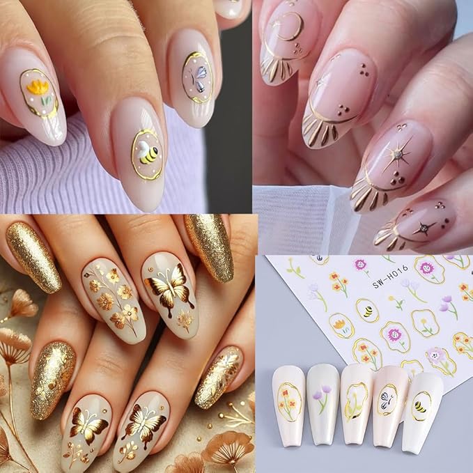 4 Sheets Gold Butterfly Nail Stickers for Nail Art, 3D Self-Adhesive Flower Leaf Boho Butterfly Nail Decals, Nail Supplies Nail Art Designers Accessories for Women and Girls Manicure DIY Decoration