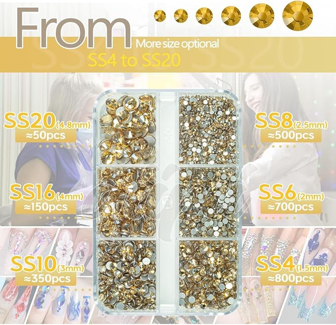 2550pcs Champagne Golden Nail Art Flatback Rhinestones for Face Makeup Gold Nail Gems Gemstones K9 Glass SS4~SS20 6 Sizes Bling Diamonds Stones w Tweezer & Picking Pen for Nails DIY Craft
