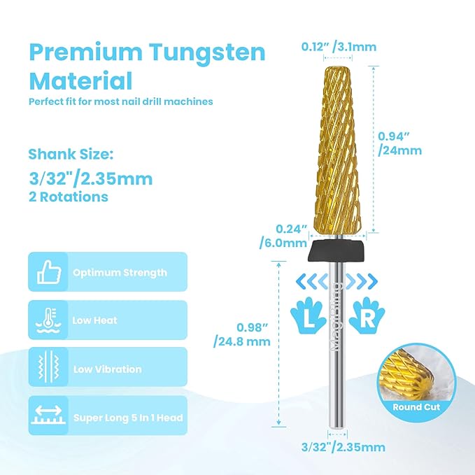 24mm Super Long 5 in 1 Nail Drill Bits, Professional 3/32'' Tungsten Carbide Bits, Fast Gel Removal for Long Acrylic Nails, Left Right Hand Use, Manicure Cuticle Hard Gel Polishing, Extra Coarse