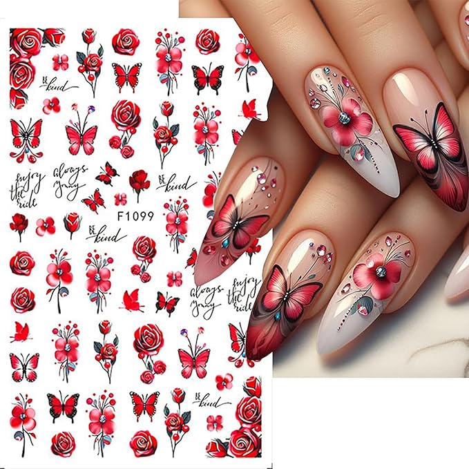 8 Sheets Butterfly Flower Nail Art Stickers 3D Self-Adhesive Spring Summer Nail Sticker Flower Nail Art Decals Holographic Blossom Nail Decal Decoration for Women Colorful Butterfly Manicure Supplies