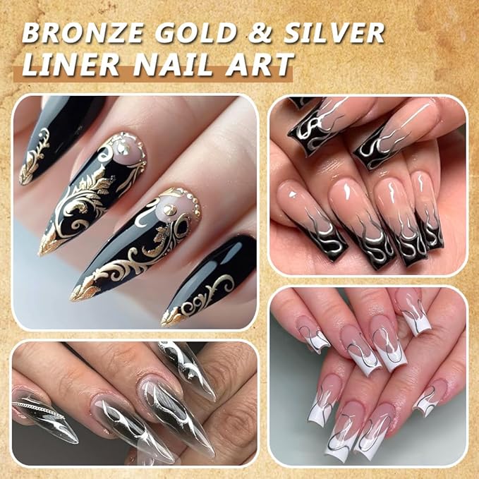Metallic Liner Nail Art Gel 2pcs 8ml Silver Bronze Gold Mirror Chrome 3D Effect Gel Nail Polish for Painting Drawing Line Swirl Build in Thin Brush Soak Off UV/LED Manicure Set