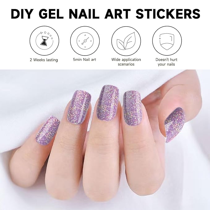 28pcs Semi Cured Gel Nail Strips (Antique Pink Glitter), Gel Nail Stickers Work with Any UV Lamps, Long Lasting Nails Wraps for Women