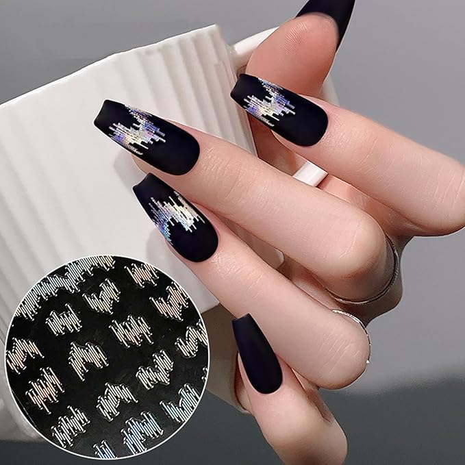 Laser Acoustic Wave Nail Art Stickers, Self-Adhesive 3D High Gloss Reflective Silk Glitter Vertical Strip Nail Decals Decorations (6 Sheets)