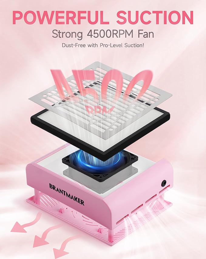 Nail Dust Collector with Brush and 2 Reusable Filters, 60W Vacuum Dust Fan for Acrylic Nails (Pink)