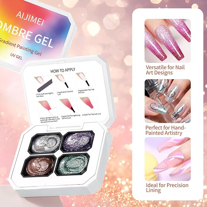 AIJIMEI Ombre Gel, Gradient Painting Gel, Ombre Gel Nail Polish, Including 100 Nail Sponges And Grabbing Pen Suitable For Salons And Family DIY (B7)