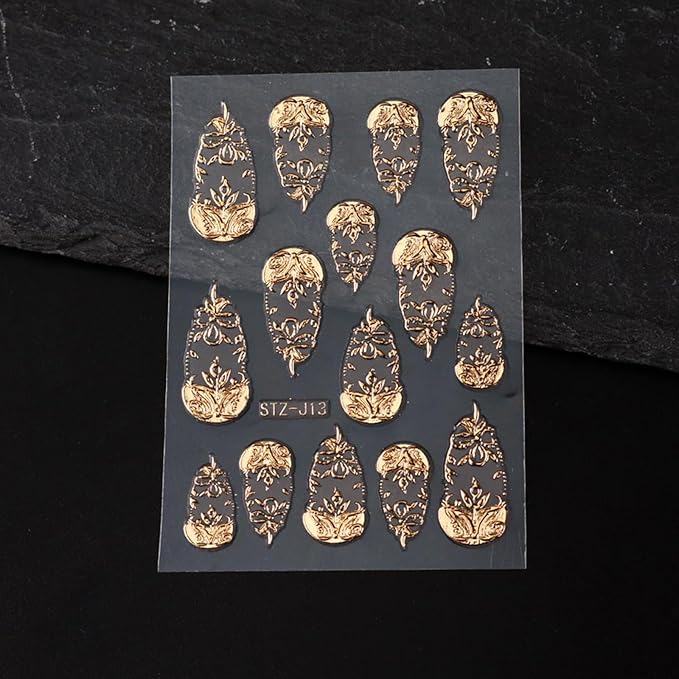 4 Sheets Gold Nail Art Stickers 5D Embossed Flower Nail Decals Metallic Totem Leaves Floral Nails Design Manicure Sliders Self Adhesive French Retro Golden Foil Nail Art Supplies for Women DIY Nail
