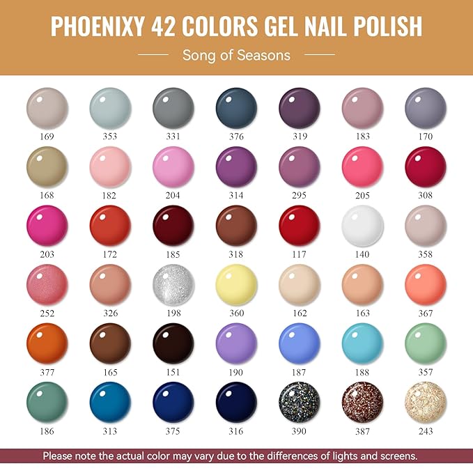 phoenixy 50 Pcs Gel Nail Polish Set, 42 Colors Nail Polish with 2 Base Coat & 4 Effects Top Coat Red Brown Colors Gel Polish Kit Nail Starter Set Gifts for Women Girls
