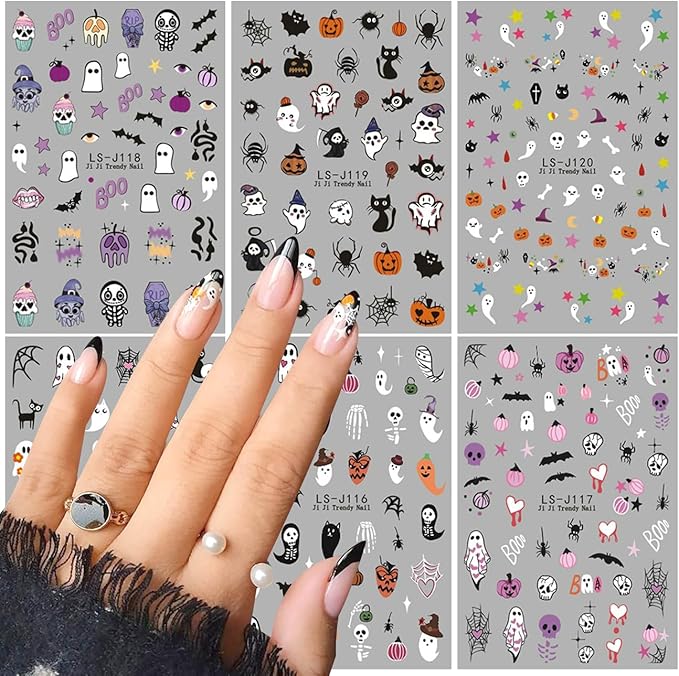 Halloween Nail Decals Self-Adhesive 3D Skull Bat Ghost Spider Design Cute Girls Nail Art Decoration 6PCS