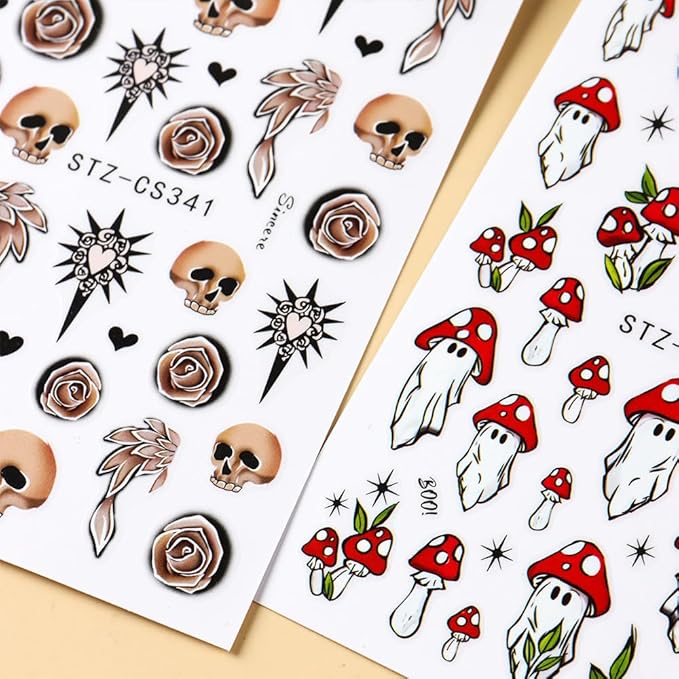 Halloween Nail Art Stickers Decals 3D Skull Mushroom Ghost Halloween Nail Stickers 6PCS Rose Flowers Love Heart Leaf Design3D Self-Adhesive Nail Decals Manicure Supply for Holiday Nail Art Decorations