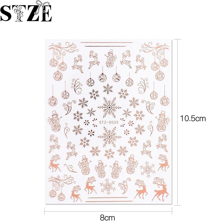 JMEOWIO 9 Sheets Christmas Nail Art Stickers Decals Self-Adhesive Pegatinas Uñas Navidad Rose Gold Winter Holiday Xmas Snowflake Nail Supplies Nail Art Design Decoration Accessories