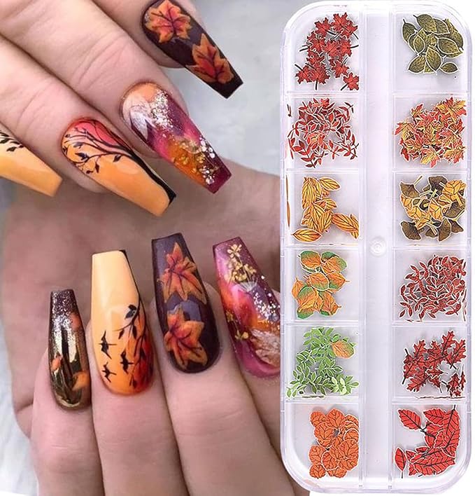 Fall Maple Leaves Nail Sequins 3D Autumn Fallen Leaf Flower Nail Art Flakes for Acrylic Nails Mixed Maple Leaf Wood Pulp Slice Glitter Nail Flake Design for Women DIY Thanksgiving Manicure Decor