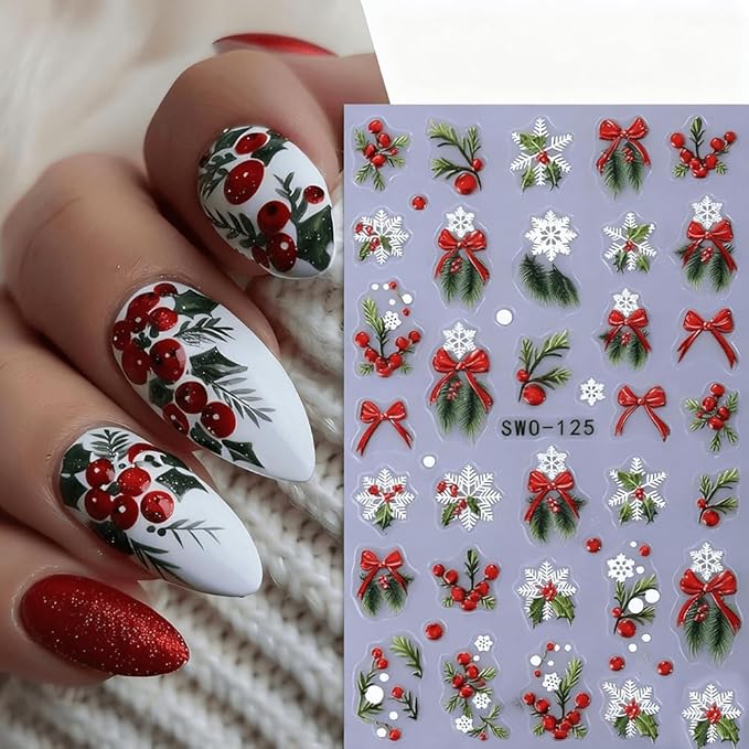 4Pcs Christmas Nail Stickers Red Bow Christmas Tree Leaf Nail Decals DIY Self Adhesive Snowflake Flower Group Cute Snowman Design Nail Decoration Supplies Holiday Manicure Accessories for Women