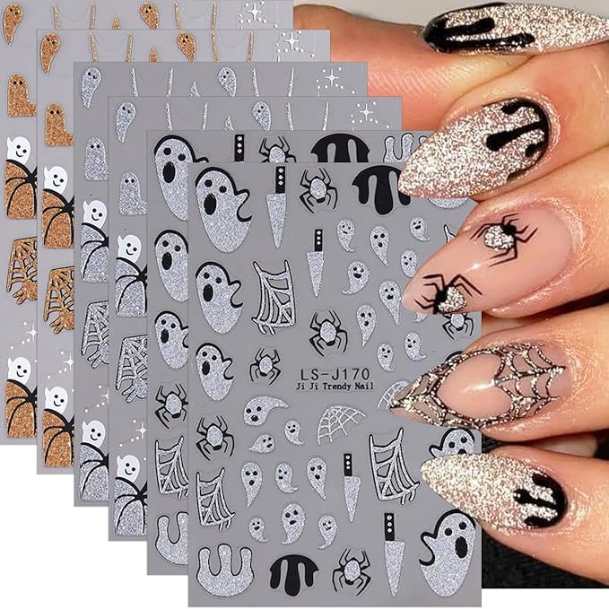 Halloween Nail Stickers Glitter Ghosts Pumpkins Spider Web Nail Decals 6PCS Self-Adhesive Halloween Nails Design Sticker Fall Nail Accessories Holiday Nail Art Supplies for Women Manicure Accessories