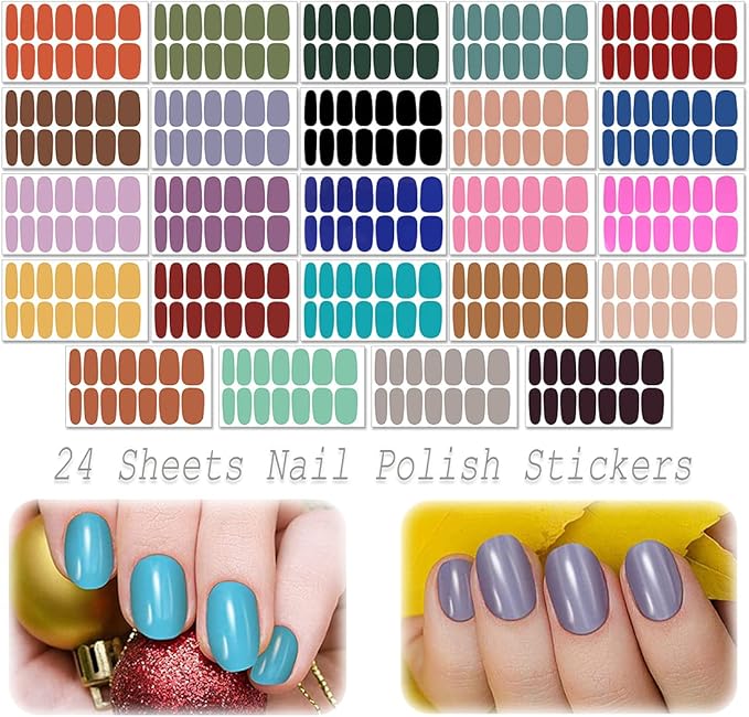 Nail Polish Strips - Solid Color, DANNEASY 24 Sheets Adhesive Nail Polish Stickers Full Nail Wraps Gel Sticker Nails for Women Girls Nail Art Supplies with 1Pc File, Cuticle Stick