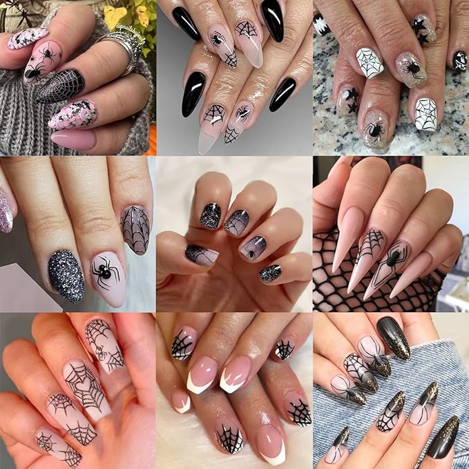 6Pcs Halloween Nail Art Stickers Decals Black Red Spider Nail Stickers with Rhinestones Design Heart Spider Web Nail Decals 3D Bat Blood Moon Star Horror Halloween Stickers for Women Manicure Supplies