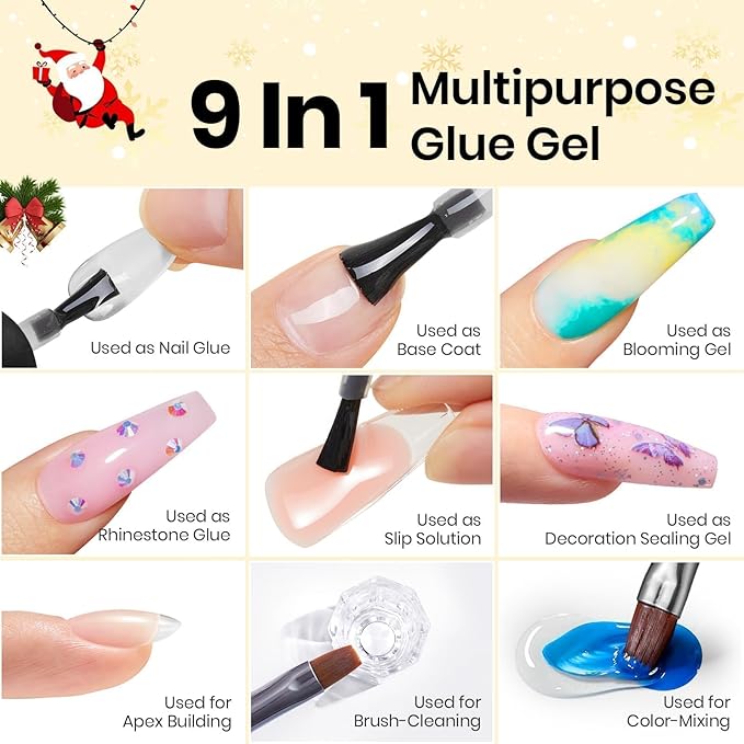 Beetles 9 In 1 Gel Nail Glue Kit, 2Pcs 15ml Christmas UV Nail Glue for Acrylic Nail Tips, Super Strong Brush for Base Coat, Christmas Gift for Women, UV LED Light Required