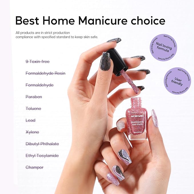 Morovan Glitter Nail Polish Set: Quick Dry Nail Polish Kit Sparkle Gold Silver Black Sparkly Fingernail Bulk Flash Diamond Regular Manicure Gifts for Women