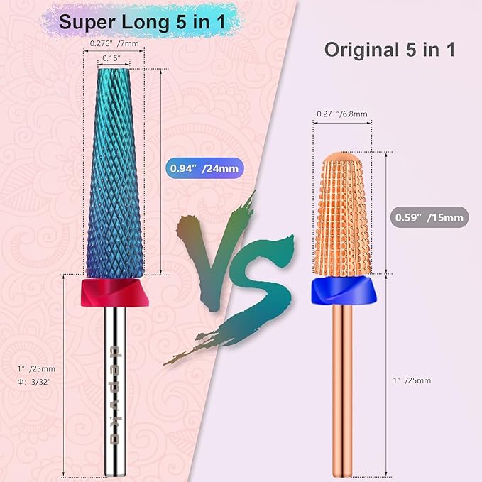 Depvko Super Long 5 in 1 Nail Drill Bits, 3/32'' Carbide Tungsten Bits, Two Way Rotate Professional Advanced Safety Bits for Nail, Fast Remove for Manicure Pedicure (Long 5in1-Blue, Fine-F)