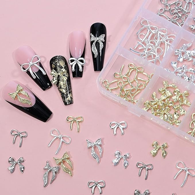 96Pcs/Box 3D Metal Bow Nail Art Charm Gold/Silver Alloy Bows Nail Charm for Nails Art 3D Alloy Bow Tie Jewelry Nail Rhinestone Kawaii Nail Crafts Decor DIY Accessories Manicure Designs Supplies