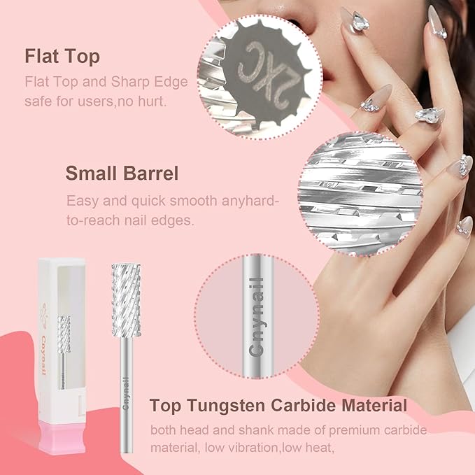 3/32" 5.35MM Small Barrel Flat Top Bit Tungsten Carbide Nail Drill Bit Safety Bit for Gel & Acrylic Removal, 2-Way Rotating Efile Tip, Salon Electric File Accessory (2XC Grit, Silver)