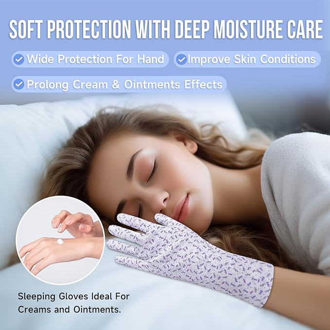 HandLove Premium 100% Cotton Gloves | Moisturizing Gloves for Dry Hands & Eczema | Overnight Sleeping Gloves, Eczema Gloves | Touchscreen | Extended Wrist White Gloves with Lavender Speckles, 2 Pairs