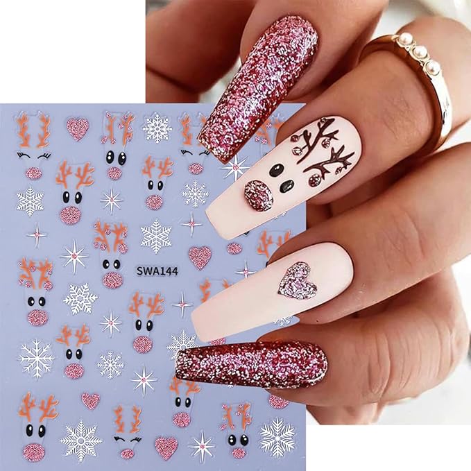 6 Sheets Cute Elk Nail Art Stickers for Nail Art 3D Christmas Nail Stickers Self-Adhesive Gold Silver Green Pink Red Glitter Elk Nails Decals Winter Snowflake Nails Decor for Women Acrylic Nails