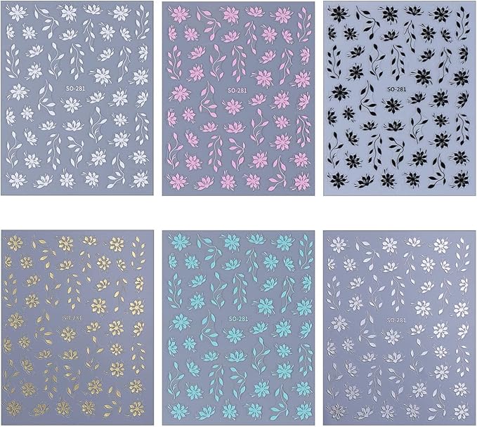 6 Sheets Floral Nail Art Stickers, Spring Leaf Nail Decals, 3D Self-Adhesive Nail Decoration Supplies for Daily Festival DIY Pink White Silver Black Gold Manicure Stickers