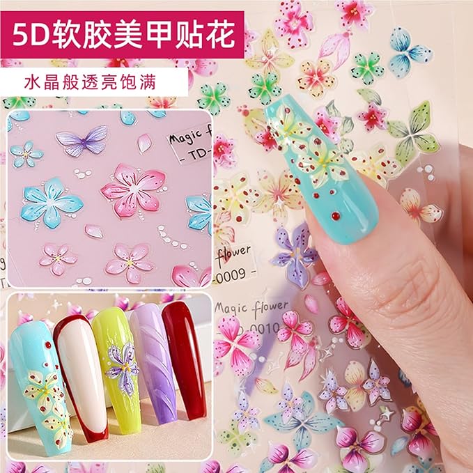 Flowers Nail Art Sticker- 5D Embossed Lily Flower Nail Decals Spring Colored Orchid Floral Petals Nail Design Hibiscus Flower Adhesive Gel Slider Nail Charms Summer Decor DIY Manicure Accessories 6PCS