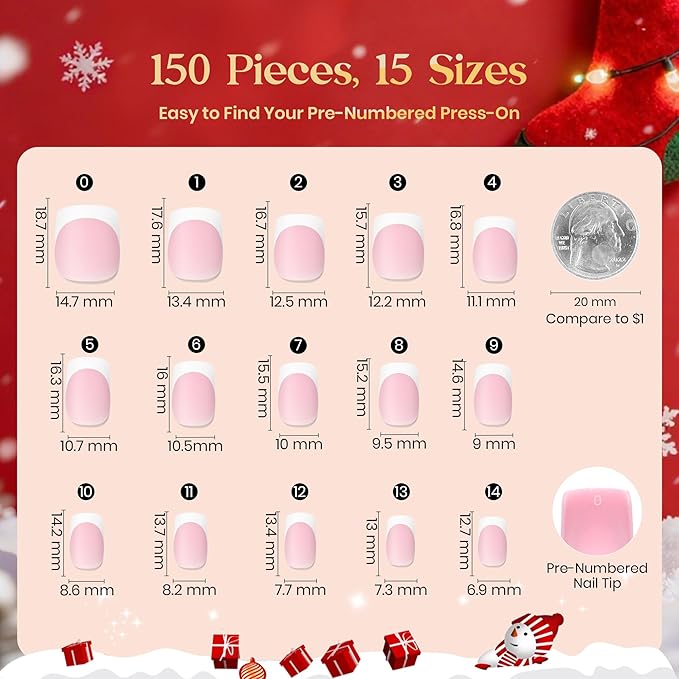 Beetles Pre-French Tips Gel Nail Tips - Pink Short Square Press On Nails,15 Sizes 150 Pcs 4 in 1 Nails Tip