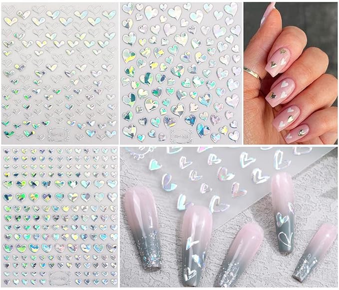 9 Sheets Heart Nail Art Stickers - Metallic Nail Decals 3D Valentine's Day Nail Art Supplies Heart Love Glitter Gold Silver Nail Designs Sticker for Women Girls Valentine’s DIY Manicure Decorations