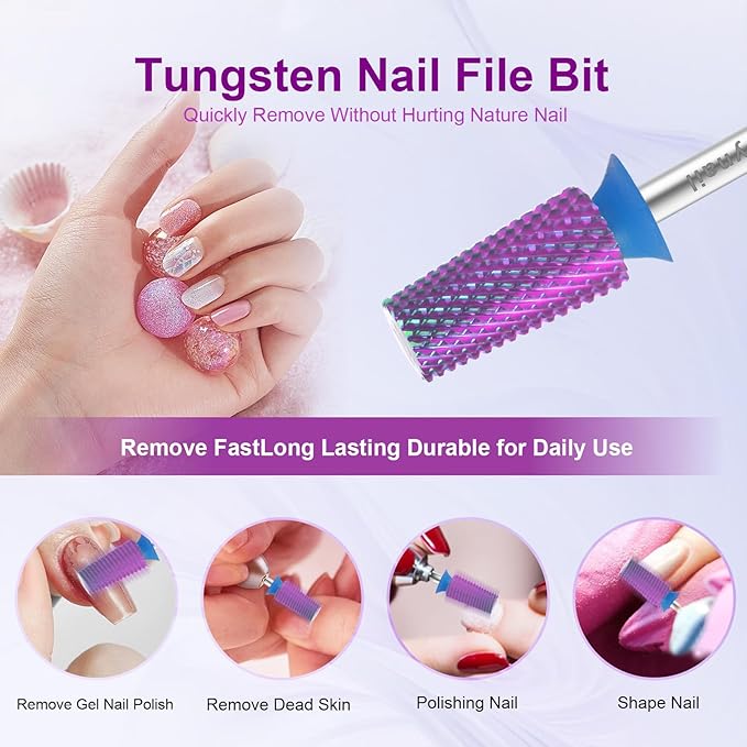 Cnynail 3/32" Large Tapered Barrel Flat Bit Tungsten Carbide Nail Drill Bit Safety Bit for Gel & Acrylic Removal, 2- Way Rotating Efile Tip, Salon Electric File Accessory (M Girt, Purple)