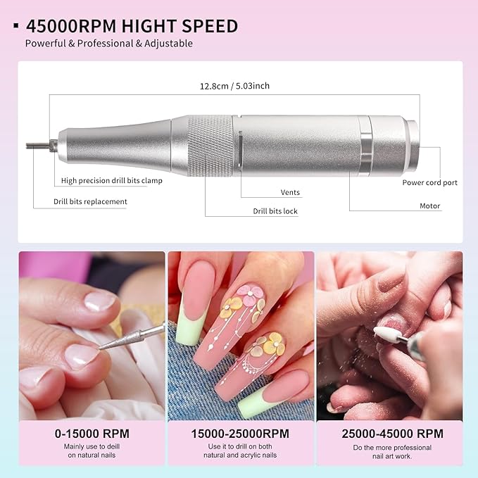 Electric Nail File for Acrylic Nail Kit, 45000RPM Electric Nail Drill Professional Manicure Pedicure Set with Nail Drill Kit Bits, Efile Cordless for Manicure