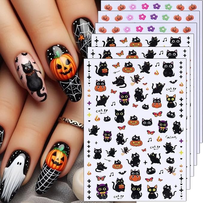 6Pcs Halloween Nail Stickers Cat Ghost Nail Decals DIY Self Adhesive Cute Cartoon Pumpkin Flower Butterfly Nail Design Supplies Halloween Nail Decoration for Women Girls Holiday Manicure Accessories